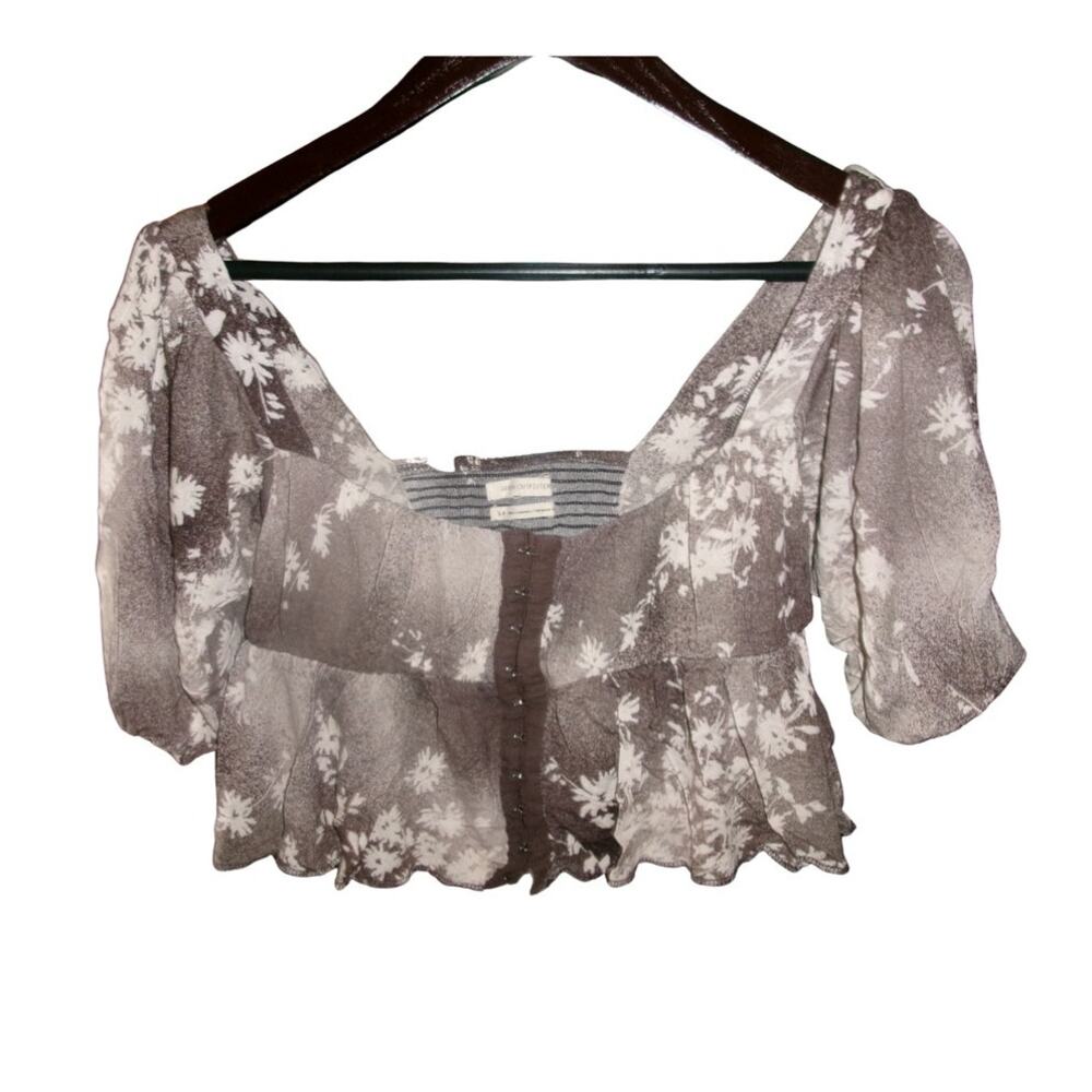 Urban Outfitters Floral Corset Crop Top Puff Sleeve Hook Eye Brown S